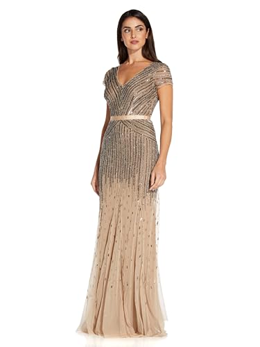 Adrianna Papell Women's Long Beaded V-Neck Dress with Cap Sleeves and Waistband, Nude, 16 - Image 5