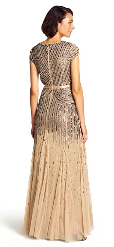 Adrianna Papell Women's Long Beaded V-Neck Dress with Cap Sleeves and Waistband, Nude, 16 - Image 2