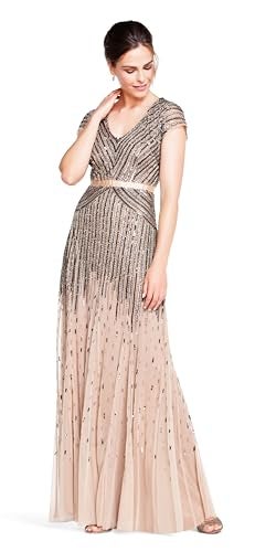 Adrianna Papell Women's Long Beaded V-Neck Dress with Cap Sleeves and Waistband, Nude, 16 - Image 4