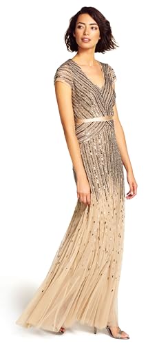 Adrianna Papell Women's Long Beaded V-Neck Dress with Cap Sleeves and Waistband, Nude, 16 - Image 1