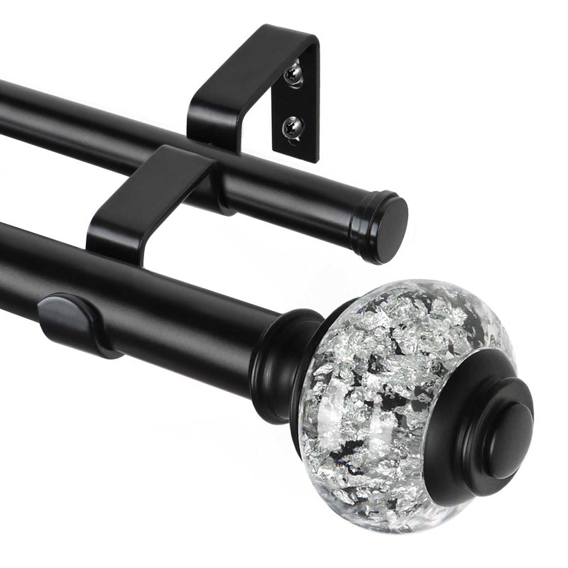 1 Inch Double Curtain Rods 72 to 144 Inches 6 to 12 ft USFOOK Black Drapery Rods for Windows Telescoping Dual Curtain Rod with Translucent Finials