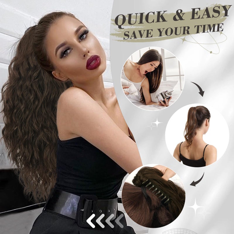 BARSDAR Brown Ponytail Extension - 18 Inch Claw Clip Ponytail Hair Extensions for Women - Curly Wavy Claw Clip in Ponytails Synthetic Fake Pony Tail Hairpieces Daily - Dark Brown - Image 5