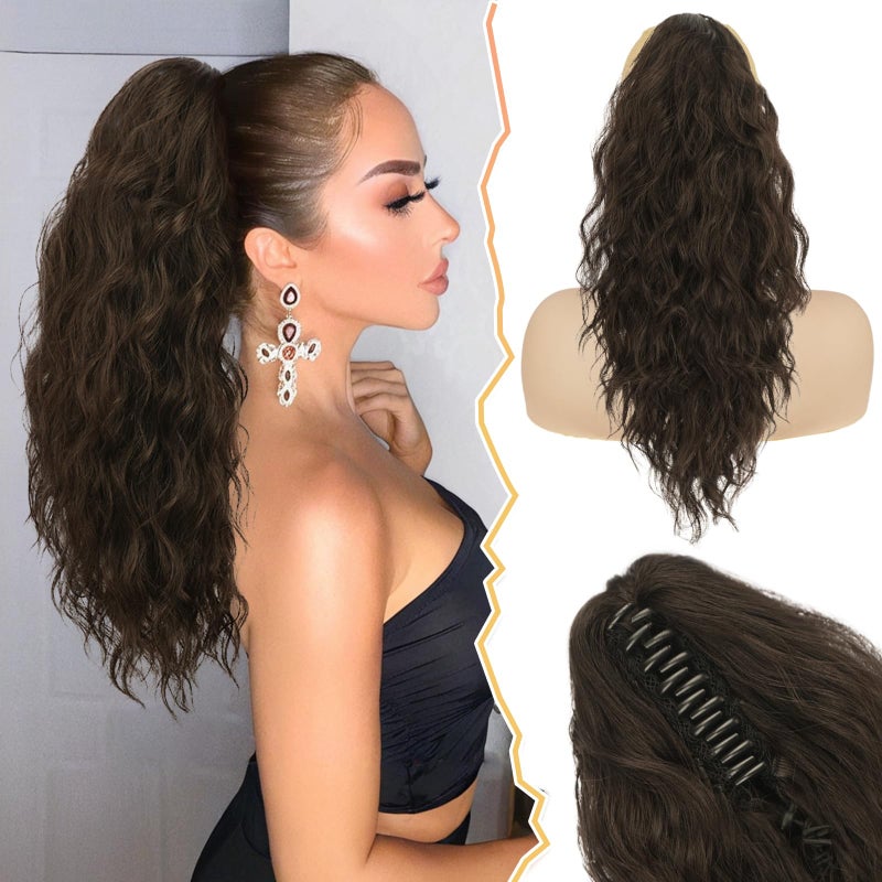 BARSDAR Brown Ponytail Extension - 18 Inch Claw Clip Ponytail Hair Extensions for Women - Curly Wavy Claw Clip in Ponytails Synthetic Fake Pony Tail Hairpieces Daily - Dark Brown - Image 1
