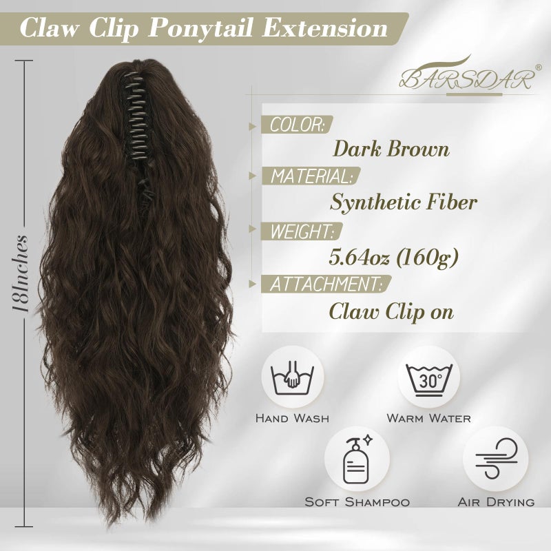 BARSDAR Brown Ponytail Extension - 18 Inch Claw Clip Ponytail Hair Extensions for Women - Curly Wavy Claw Clip in Ponytails Synthetic Fake Pony Tail Hairpieces Daily - Dark Brown - Image 2