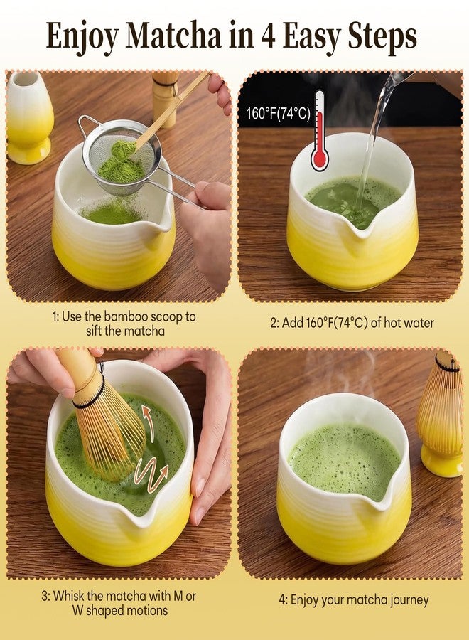 Koimysa Matcha Whisk Set, Matcha Bowl with Spout and Handcrafted Bamboo Chasen, Stainless Steel Sifter, Matcha Whisk Holder and Bamboo Scoop, Matcha Tea Kit for Matcha Tea Ceremony, Yellow - Image 4