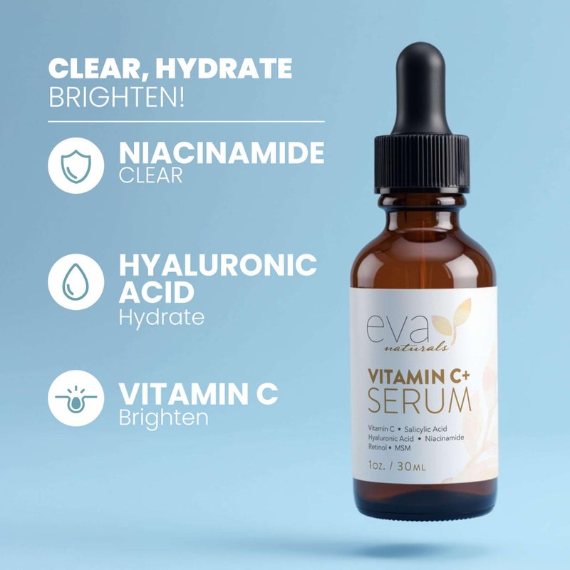 Eva Naturals مصل فيتامين سي للوجه من إيفا ناتشورالز مع حمض الهيالورونيك المضاد للشيخوخة يقلل من البقع الداكنة وحب الشباب والتجاعيد والريتينول والنياسيناميد وحمض الساليسيليك مصل لتفتيح البشرة للحصول على بشرة متوهجة 1 أونصة / 30 مل - Image 2