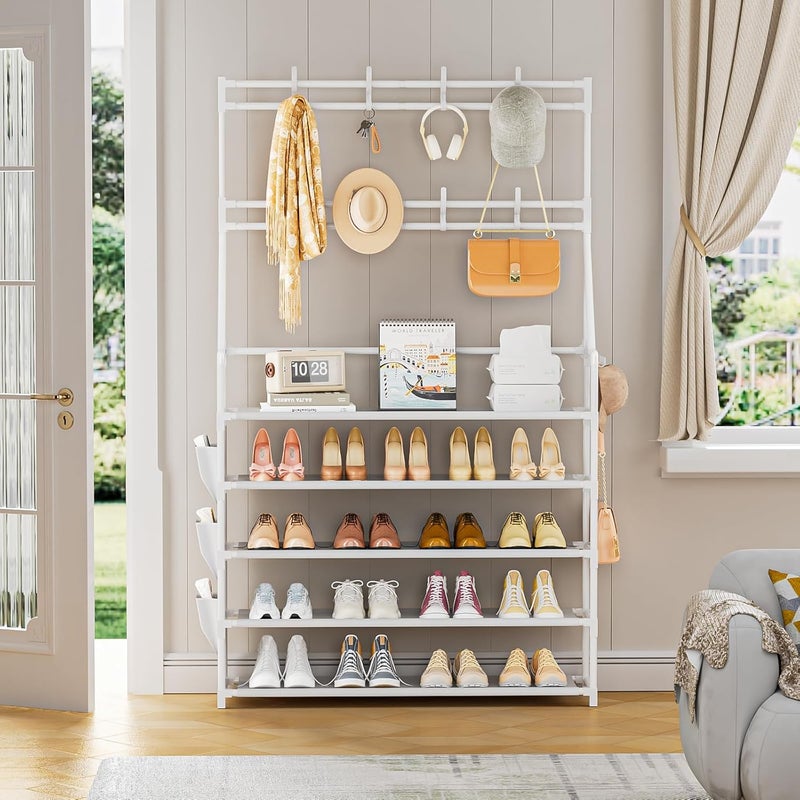 OYREL Shoe Rack 5 Tier Shoe Racks Organizer 20-25 Pairs Shoes Rack for Closet Entrance Shoe Storage Organizer with Hooks and Side Pocket Entryway Shoe Holder Space Saving Free Standing Shoe Racks - Image 2