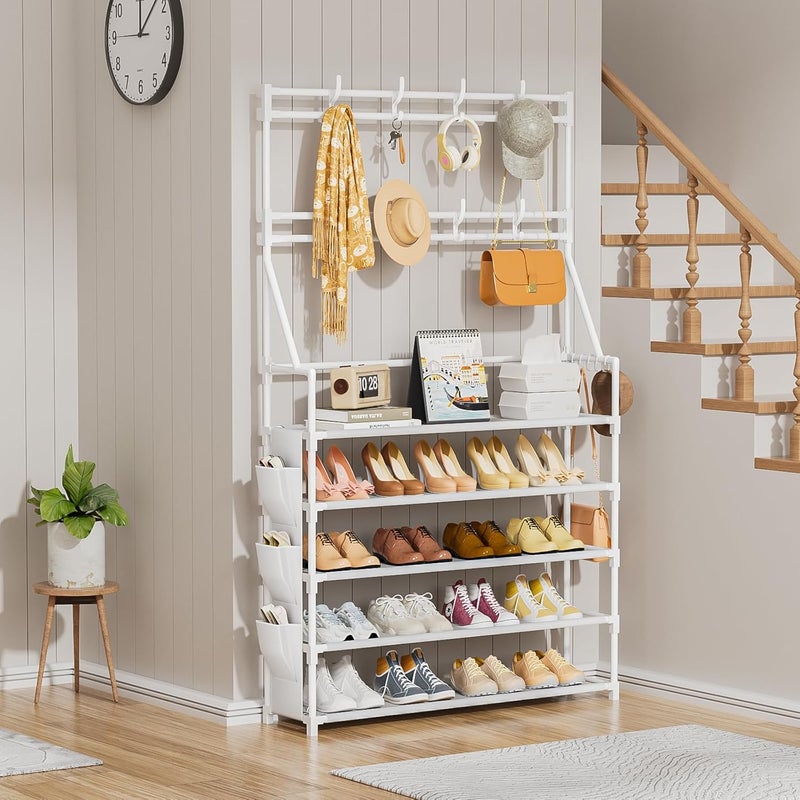 OYREL Shoe Rack 5 Tier Shoe Racks Organizer 20-25 Pairs Shoes Rack for Closet Entrance Shoe Storage Organizer with Hooks and Side Pocket Entryway Shoe Holder Space Saving Free Standing Shoe Racks - Image 4