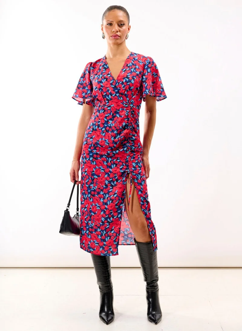 Red Floral Wrap Midi Dress