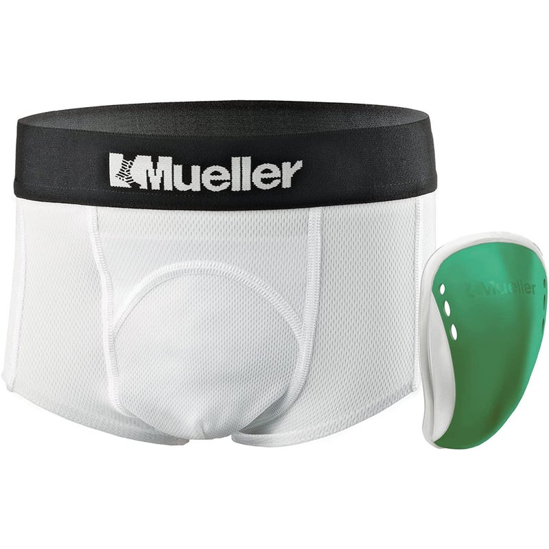MUELLER Sports Medicine Peewee Boy's Athletic Supporter Brief with Flex Shield Cup, Kids Jockstrap for Sports, Compression Shorts, White Underwear/Green Cup, Regular - Image 1