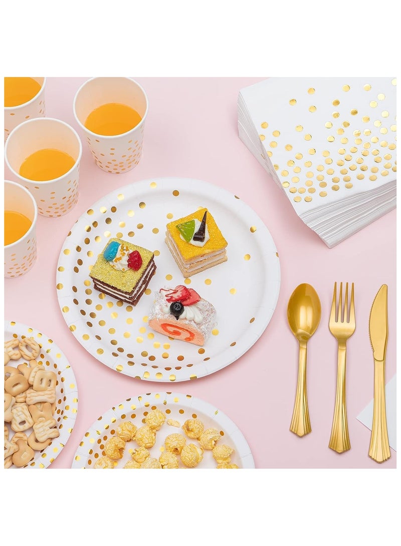 Soofam 200 PCS Party Supplies Set for 25 Guests Disposable Paper Tableware Plates Napkins Cups and Gold Plastic Set White for Wedding Birthday Baby Shower Holiday Daily Use Gift - Image 5