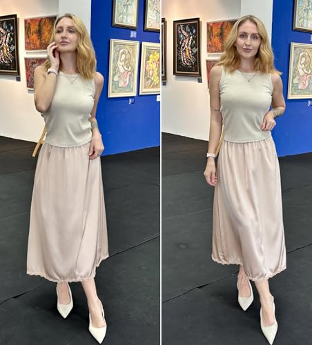 Avidlove Slip for Women Long Satin Half Slip Lace Long Underskirt Light Khaki - Image 3