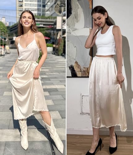 Avidlove Slip for Women Long Satin Half Slip Lace Long Underskirt Light Khaki - Image 4