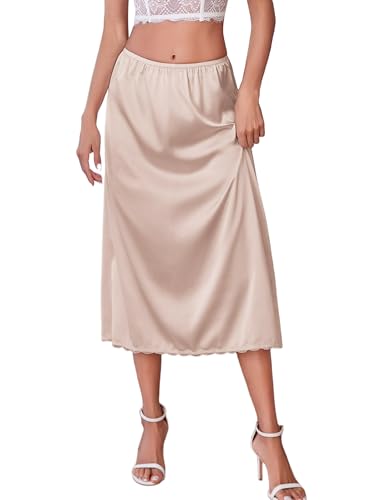 Avidlove Slip for Women Long Satin Half Slip Lace Long Underskirt Light Khaki - Image 1