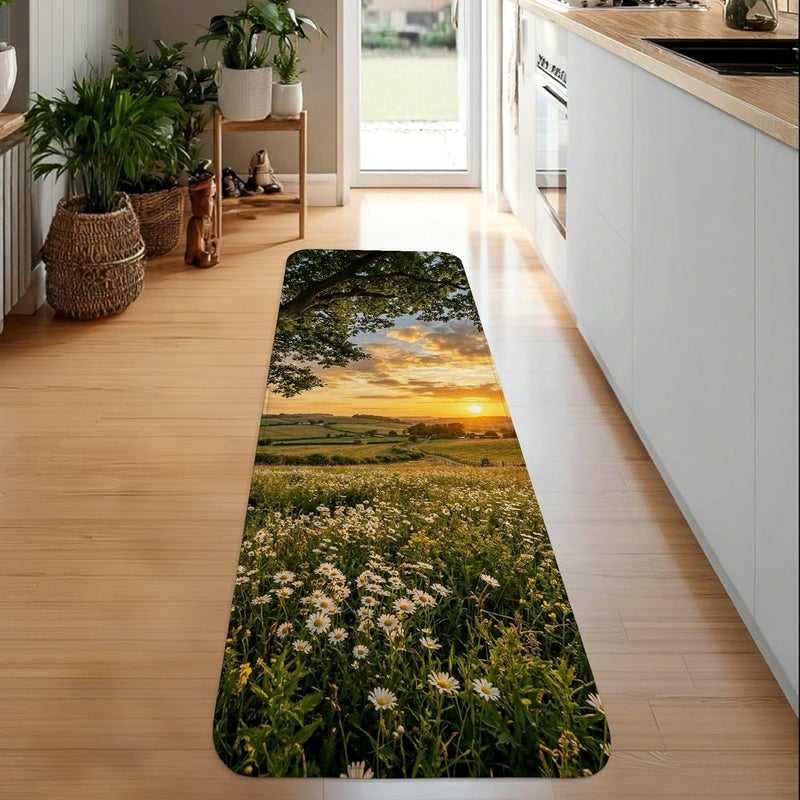 سجادة طويلة بطراز “Sunset Runner”， تصميم طبيعي يزينه زهور الأقحوان والأشجار، بلون أخضر صيفي ونسيج منخفض الكثافة مع حواف مبطنة بالإسفنج، مناسبة للمطبخ وغرفة الغسيل ومداخل المنازل، مقاس 2×6 قدم. - Image 4