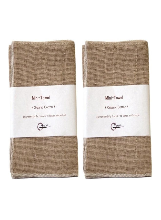 Nawrap Organic Cotton Mini Towel, Set of 2, Made in Japan, Durable, Absorbent and Quick-Dry, 4 Ply, 10 x 10 in - Brown