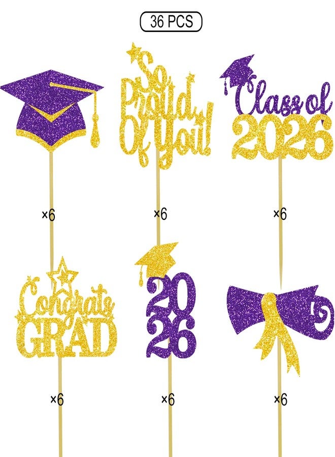 Gankbite Purple Gold Graduation Cupcake Toppers 36PCS Glitter Proud Of You Food Picks Congrats Grad Party Table Ideas - Image 5