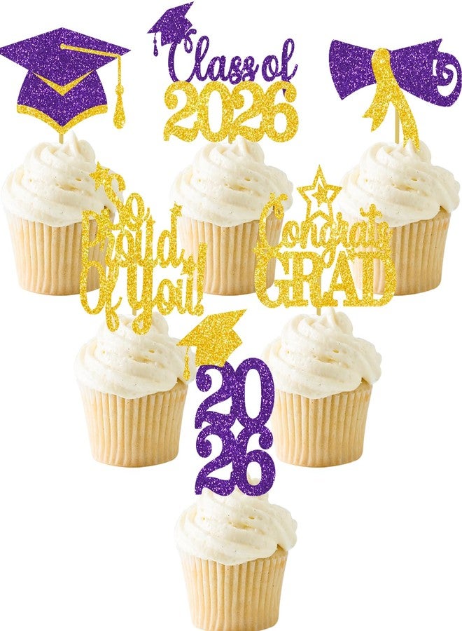 Gankbite Purple Gold Graduation Cupcake Toppers 36PCS Glitter Proud Of You Food Picks Congrats Grad Party Table Ideas - Image 1