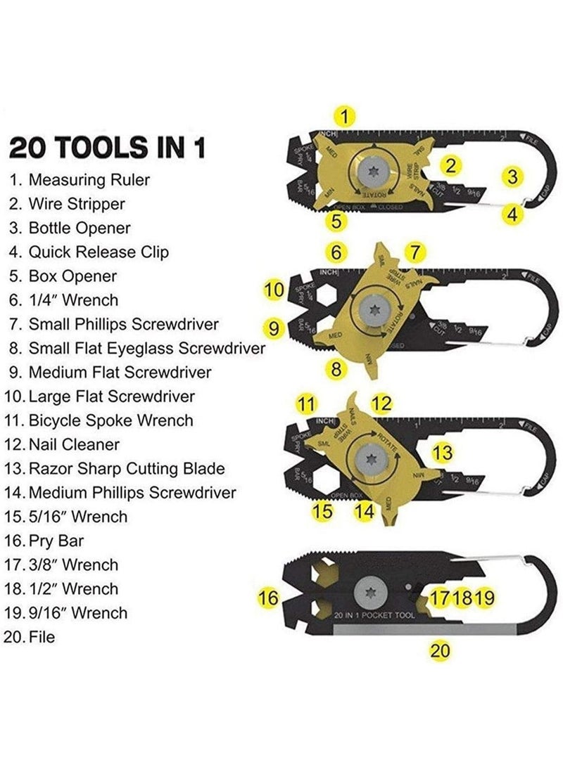 أدوات  متعددة الاستخدامات 20 في 1: حلقة تعليق، فتاحة زجاجات/علب/مسطرة/مفتاح ربط/مفك براغي/ملحق صيد/منظف أظافر/أداة سحب درج الأظافر، للاستخدام الخارجي/المنزلي، محمولة وقابلة للطي، سلسلة مفاتيح جيب - Image 3