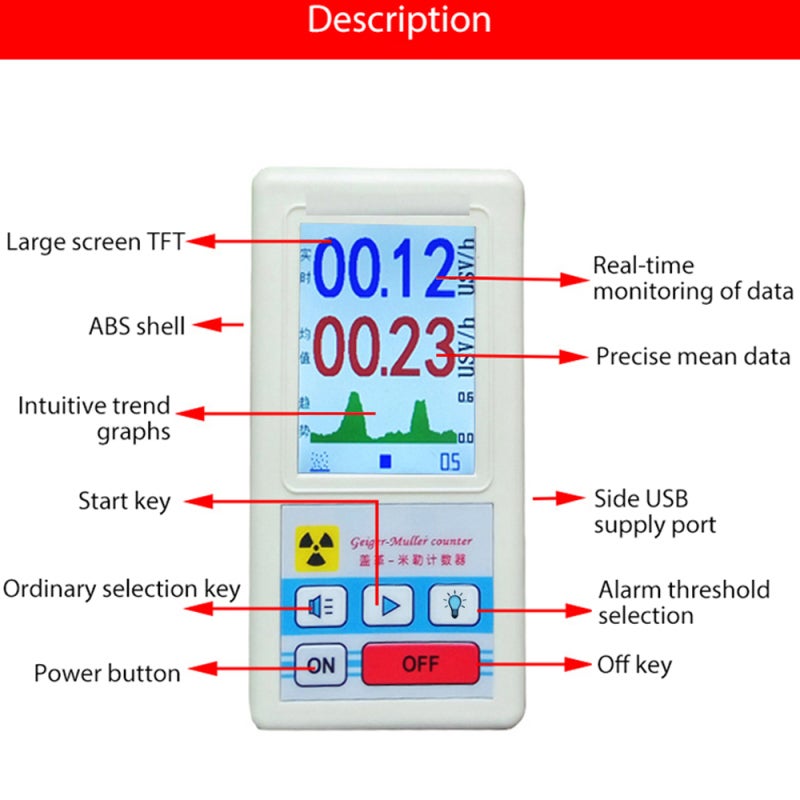 Handheld Portable Geiger Counter Multifunctional Nuclear Radiation Detector Personals Dosimeter Marble Detectors Beta Gamma X-ray Tester - Image 3