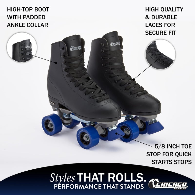 Chicago Skates زلاجات شيكاغو الفاخرة السوداء رباعية العجلات للأولاد والرجال للمبتدئين تصميم كلاسيكي قابل للتعديل عالي القمة للزلاجات الداخلية أو الخارجية وسباق الزلاجات - Image 3