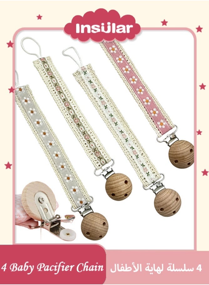 insular 4 Pack Pacifier Clips, Vintage Embroidery Flower Fabric Pacifier Holder, Anti-Drop Baby Dummy Chain with BPA-Free Clip, Machine Washable Teether Strap for Newborn, Stroller Travel Essential - Image 1