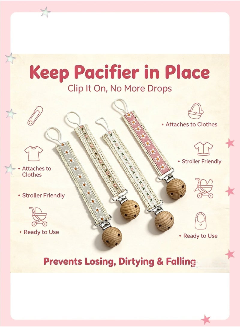 insular 4 Pack Pacifier Clips, Vintage Embroidery Flower Fabric Pacifier Holder, Anti-Drop Baby Dummy Chain with BPA-Free Clip, Machine Washable Teether Strap for Newborn, Stroller Travel Essential - Image 3