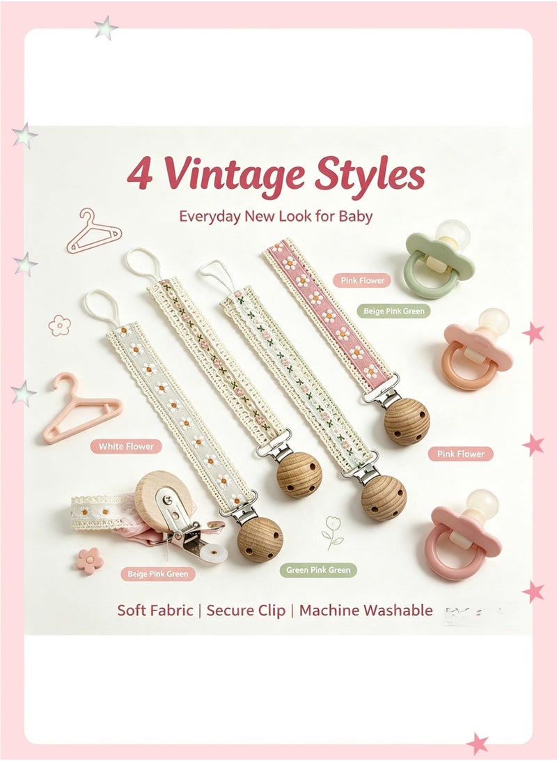 insular 4 Pack Pacifier Clips, Vintage Embroidery Flower Fabric Pacifier Holder, Anti-Drop Baby Dummy Chain with BPA-Free Clip, Machine Washable Teether Strap for Newborn, Stroller Travel Essential - Image 2