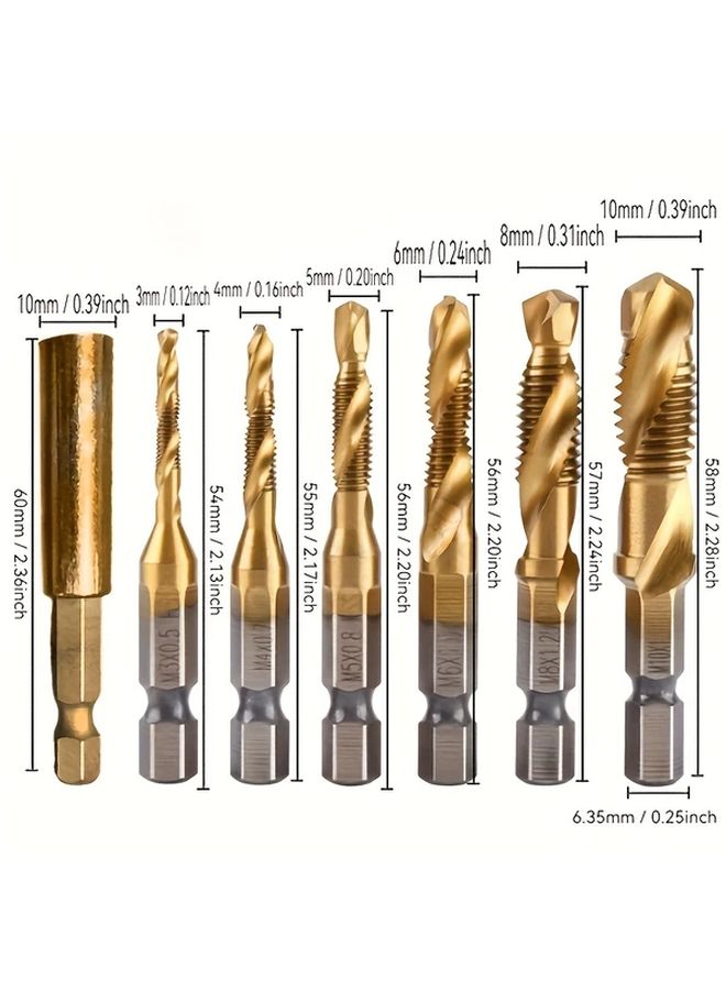 7pcs 2 In 1 Drill Bit And Tapping Drill Bit Kit With 1 8 To 3 8 Inch Fractions 1 4 Inch Hex Shank And Spiral Groove Tapping Tool And Extension Expanders - Image 1