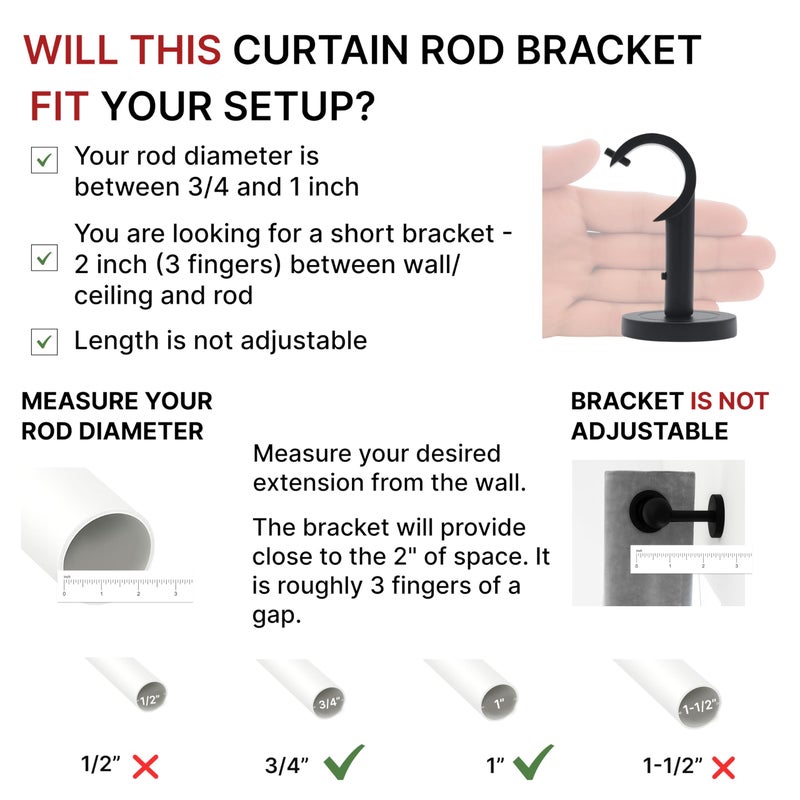 A Key Tech Heavy Duty Curtain Rod Brackets for Wall & Ceiling Installation, 2 Pack Ceiling Mount Curtain Holders, Hardware Bracket Set for 1 Inch Rods, Black Finish - Image 2