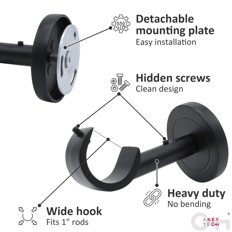 A Key Tech Heavy Duty Curtain Rod Brackets for Wall & Ceiling Installation, 2 Pack Ceiling Mount Curtain Holders, Hardware Bracket Set for 1 Inch Rods, Black Finish - Image 4
