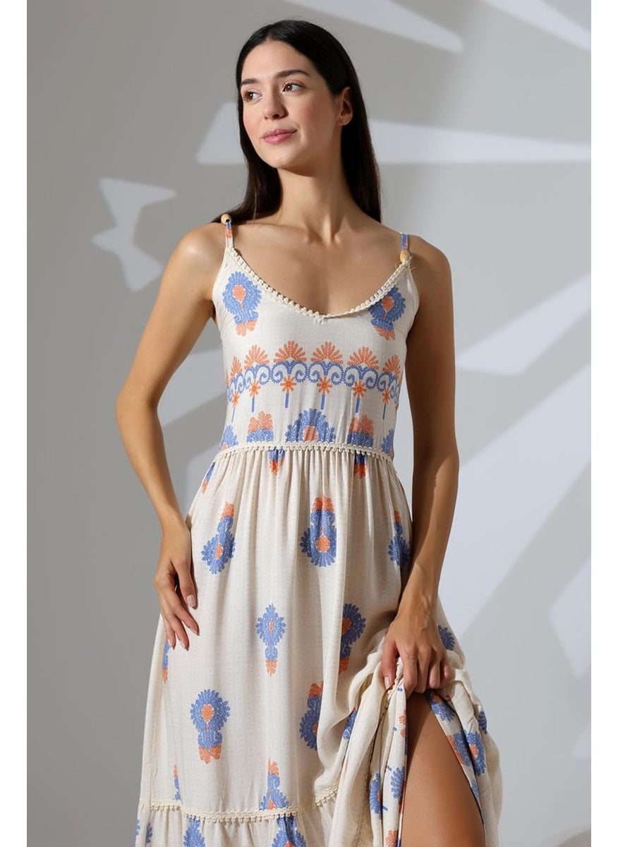 Tena Women's Blue Strappy Water Pattern Viscose Long Dress  - Image 4