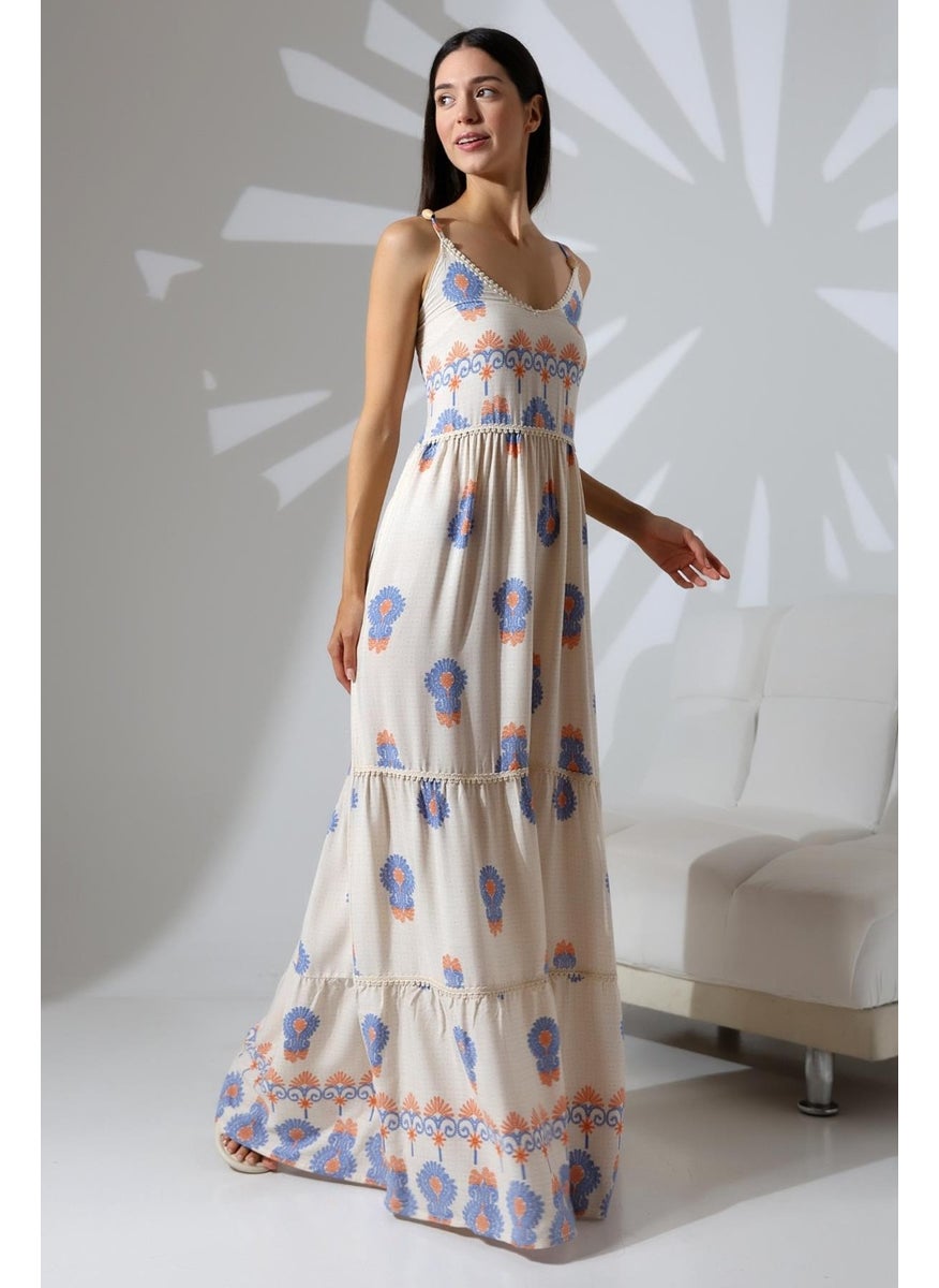 Tena Women's Blue Strappy Water Pattern Viscose Long Dress  - Image 2