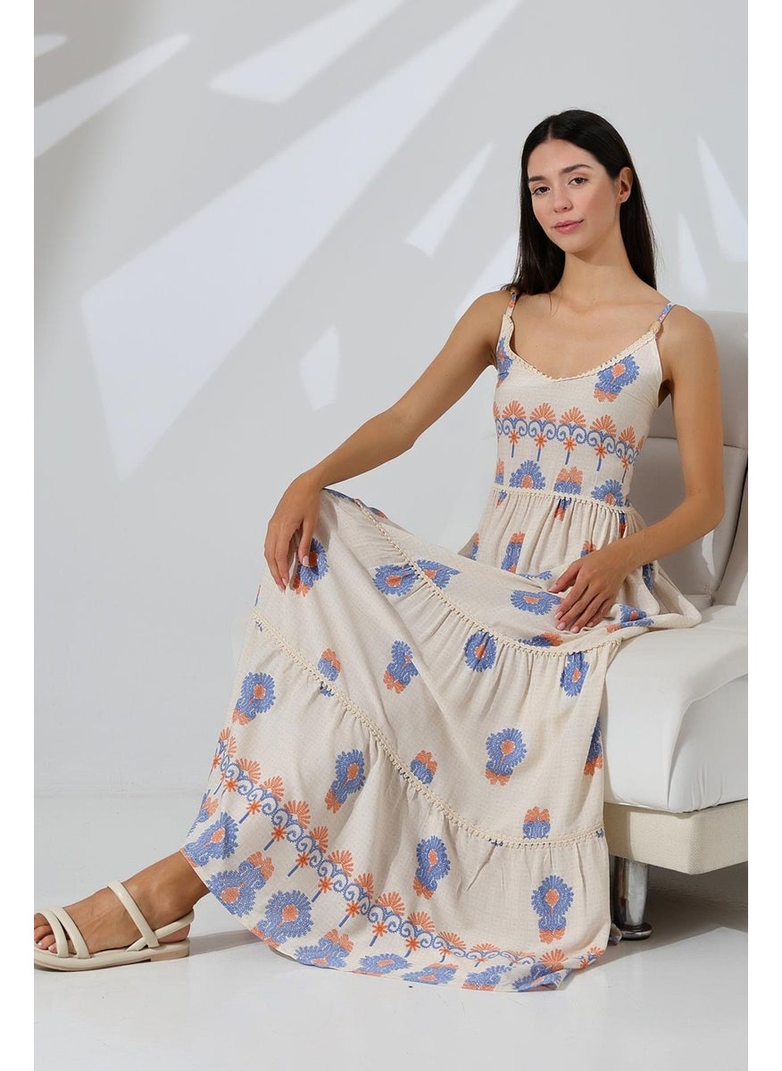 Tena Women's Blue Strappy Water Pattern Viscose Long Dress  - Image 5