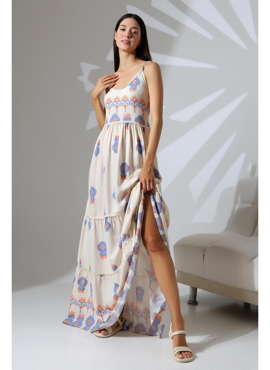Tena Women's Blue Strappy Water Pattern Viscose Long Dress  - Image 3