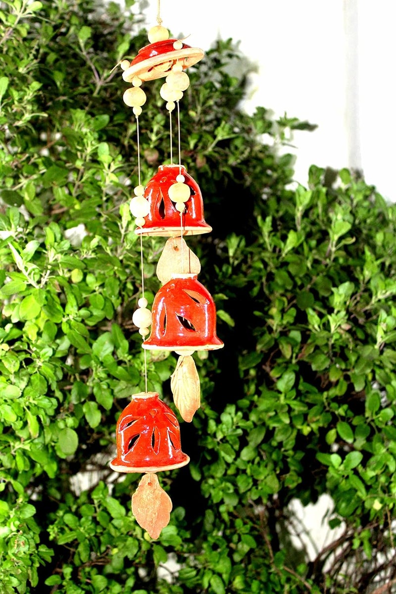 DEVICE OF ESVAR STONECRAFT ...EVERY STROY IS UNIQUE EVERY HOME IS DIFFERENT..... ES ESVAR STONECRAFT Present A Terracotta Ceramic Coated Red Wind Chimes with Three Bells of Cap Design Handmade Craft with Melodious Sound Bells Size 36 cm Long - Image 1