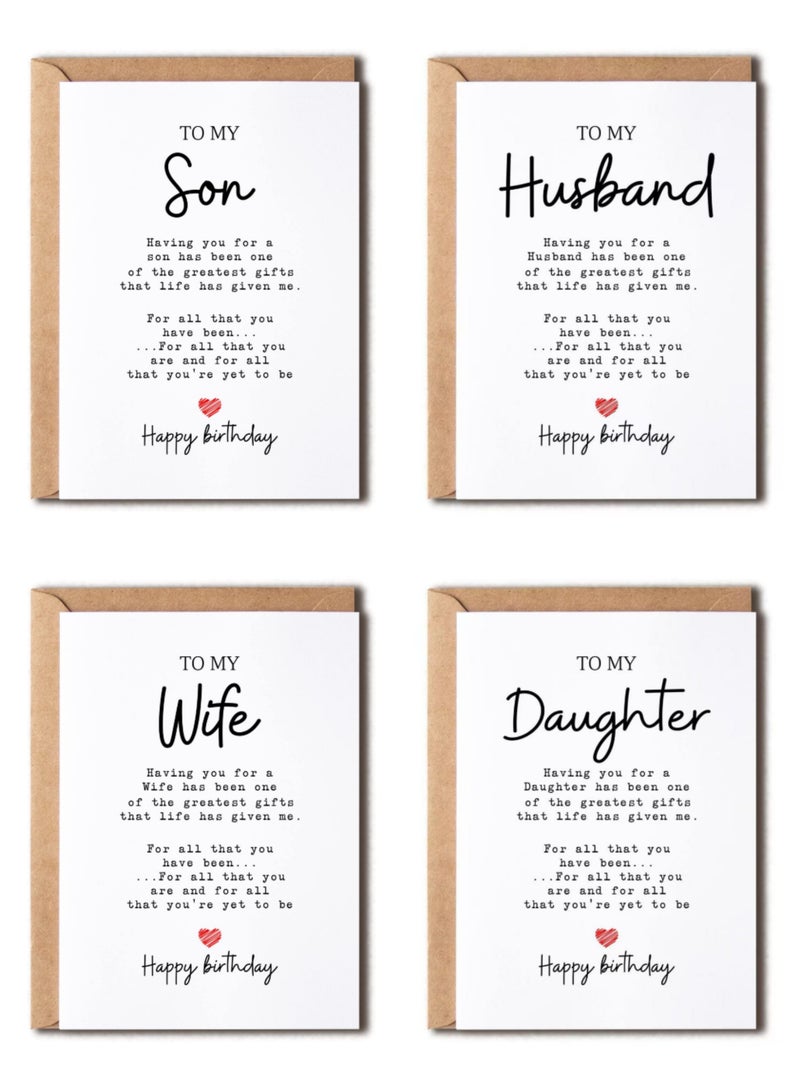 Birthday Greeting Cards for Family Members – Pack of 4 with Envelopes | Heartfelt Messages for Husband, Wife, Son & Daughter – Elegant & Thoughtful Designs - Image 1