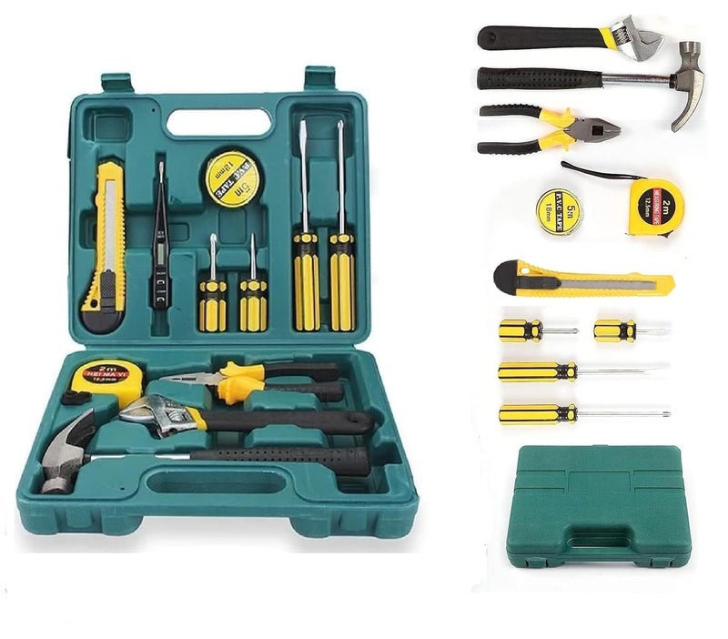 Japak 12 in 1 Electrical Repair Home Hand Tool Kit Set With Screwdriver Hammer Measuring Tape Wrenches Cutter Pliers All Accessories Hardware Tool box Mechanical Garage Tool Storage kit - Image 1
