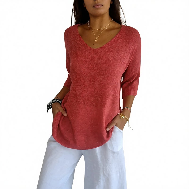 Women's V-Neck Knit Top Lightweight Casual Basic Pullover