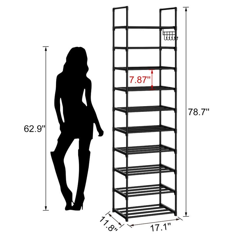 WEXCISE Narrow Shoe Rack 10 Tiers Tall Shoe Rack for Entryway 20 24 Pairs Shoe & Boots Organizer Storage Shelf Durable Black Metal Stackable Shoe Cabinet with Hooks, 17.1D x 11.8W x 78.7H in - Image 3