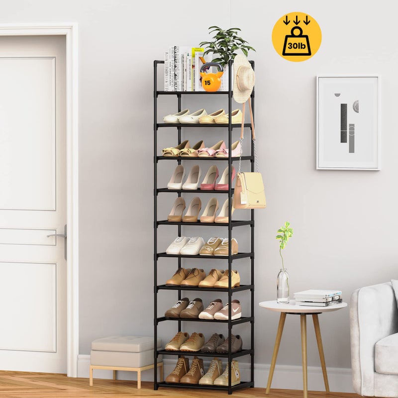 WEXCISE Narrow Shoe Rack 10 Tiers Tall Shoe Rack for Entryway 20 24 Pairs Shoe & Boots Organizer Storage Shelf Durable Black Metal Stackable Shoe Cabinet with Hooks, 17.1D x 11.8W x 78.7H in - Image 2