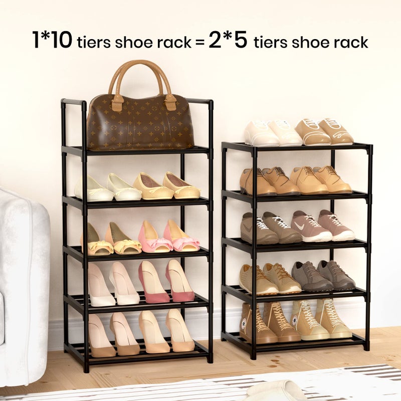 WEXCISE Narrow Shoe Rack 10 Tiers Tall Shoe Rack for Entryway 20 24 Pairs Shoe & Boots Organizer Storage Shelf Durable Black Metal Stackable Shoe Cabinet with Hooks, 17.1D x 11.8W x 78.7H in - Image 4