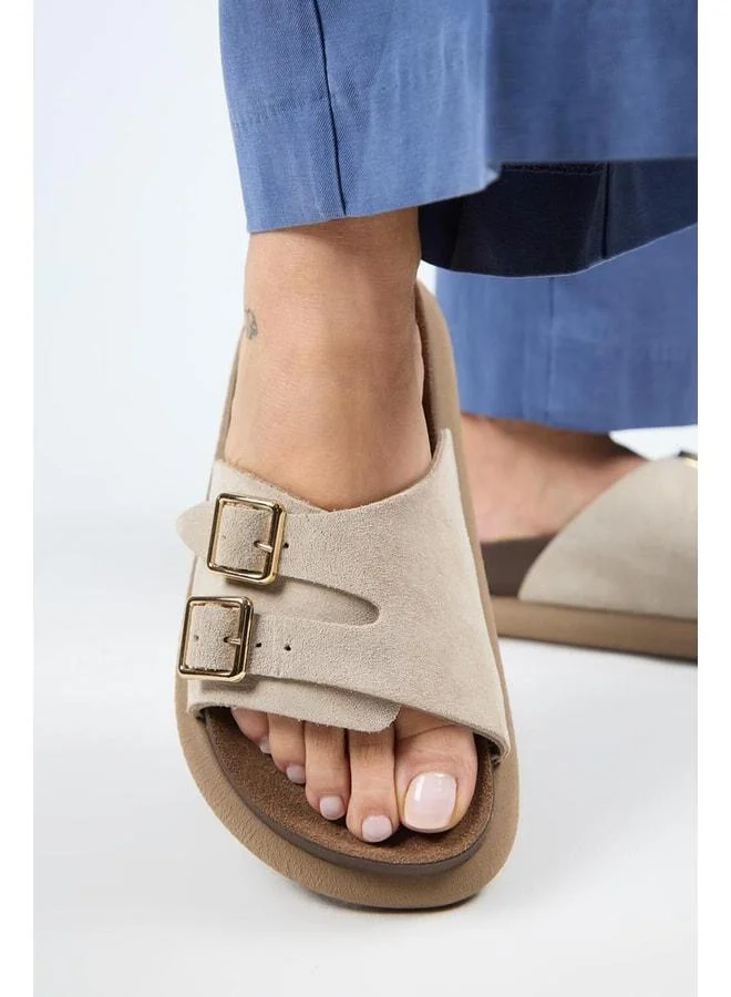 Lirio Women's Genuine Leather Single Strap Double Buckle Beige Slippers.