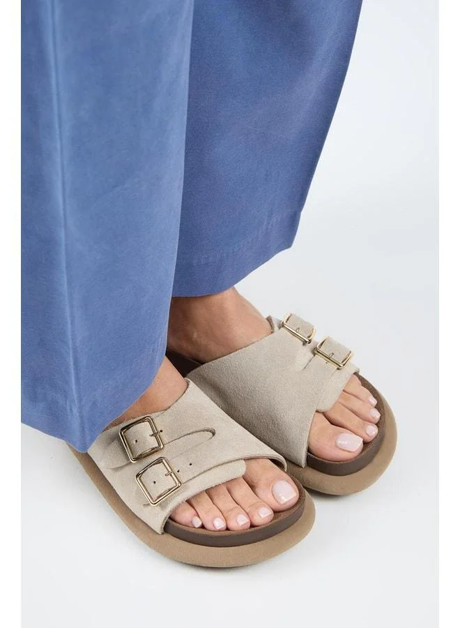 Manijero  Lirio Women's Genuine Leather Single Strap Double Buckle Beige Slippers. for Women | Best Price UAE