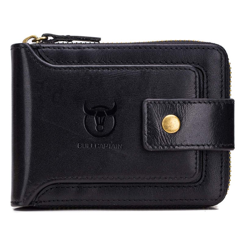 BULLCAPTAIN Genuine Leather Wallet for Men Large Capacity ID Window Card Case with Zip Coin Pocket QB-231 (Black) - Image 1