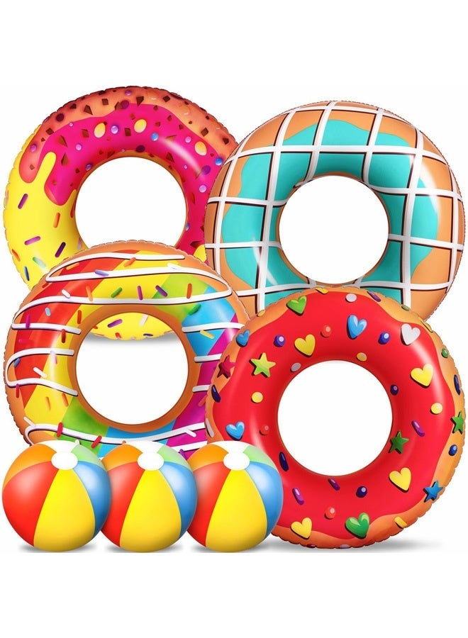 ZERIFAM 7Pcs Inflatable Pool Floats Set , 4-Pack Donut Pool Floats + 3-Pack Colorful Beach Balls, Summer Pool Toys for Kids, Water Fun Party Supplies for the Pool, Beach, and Outdoor Activities - Image 1