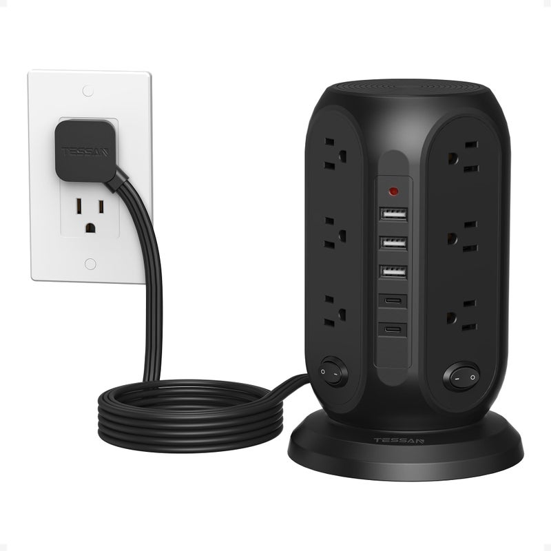 TESSAN Black Surge Protector Power Strip with 4 Individual Switches, TESSAN USB C Charging Station Power Tower with Flat Extension Cord 10 Ft, 12 Outlets Black Extension Cord, Dorm Room, Office Accessories - Image 1