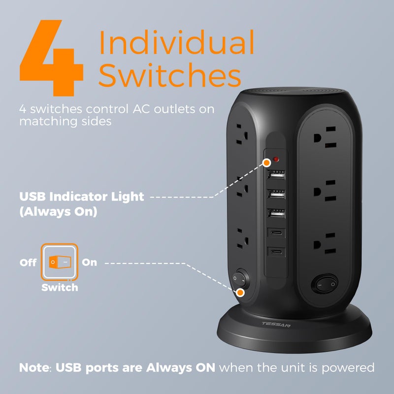 TESSAN Black Surge Protector Power Strip with 4 Individual Switches, TESSAN USB C Charging Station Power Tower with Flat Extension Cord 10 Ft, 12 Outlets Black Extension Cord, Dorm Room, Office Accessories - Image 2