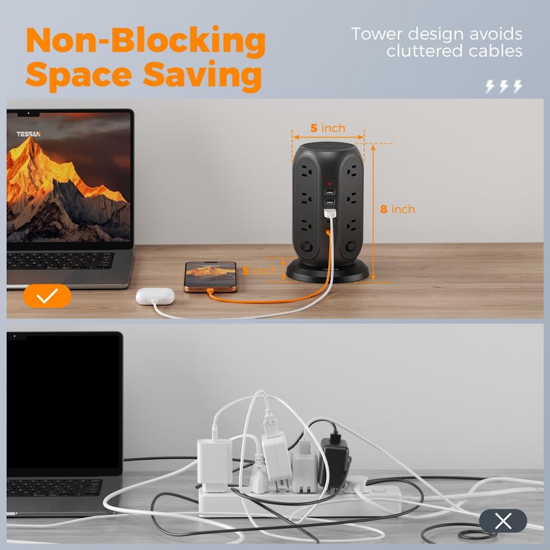 TESSAN Black Surge Protector Power Strip with 4 Individual Switches, TESSAN USB C Charging Station Power Tower with Flat Extension Cord 10 Ft, 12 Outlets Black Extension Cord, Dorm Room, Office Accessories - Image 3