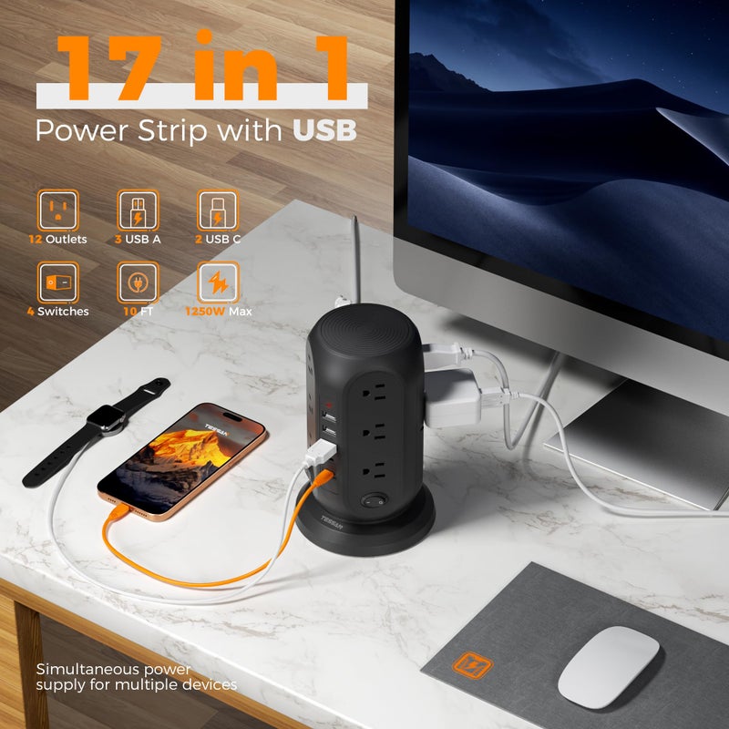 TESSAN Black Surge Protector Power Strip with 4 Individual Switches, TESSAN USB C Charging Station Power Tower with Flat Extension Cord 10 Ft, 12 Outlets Black Extension Cord, Dorm Room, Office Accessories - Image 4